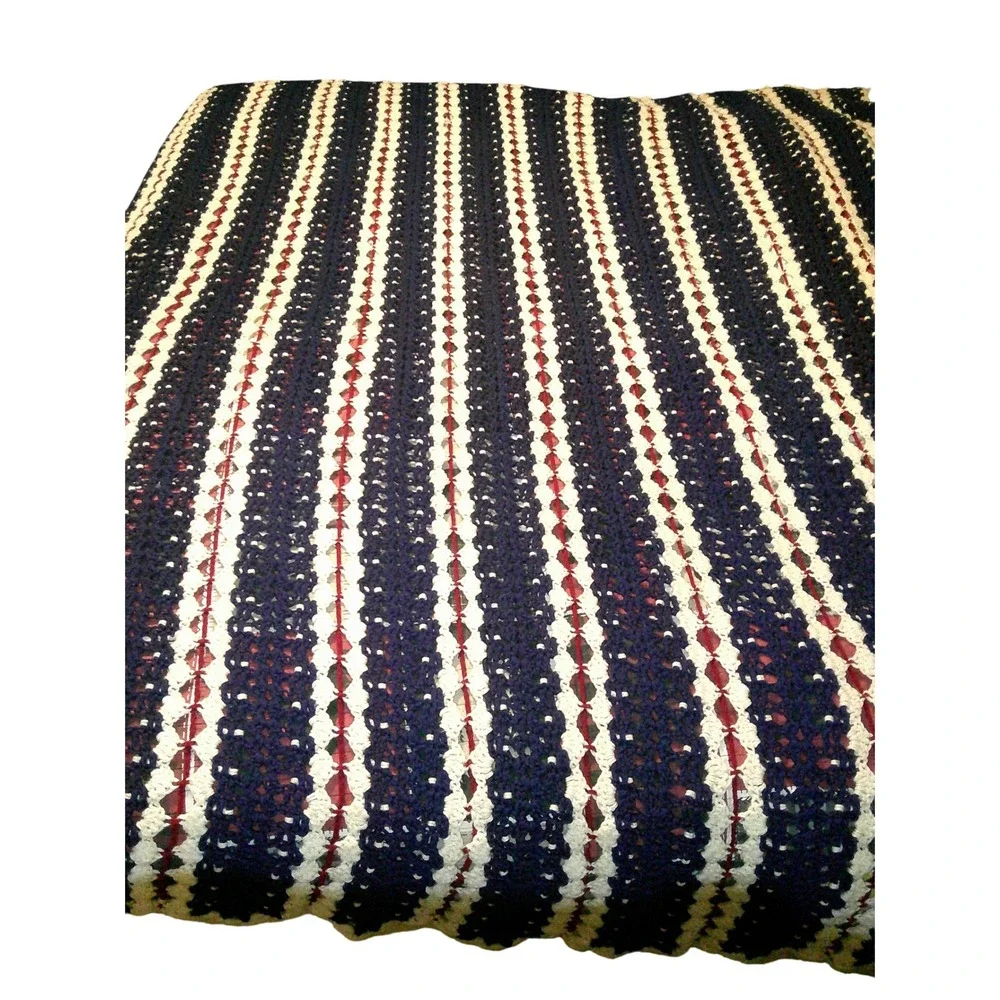 Vintage Handmade Crochet Blanket Patriotic Red White Blue Large Queen Size 96x88